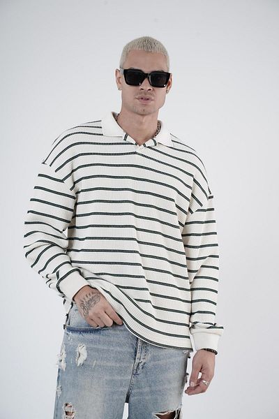 Butik Ανδρικό πλεκτό πουλόβερ TREND BIZ Polo γιακά ριγέ Oversize Fit