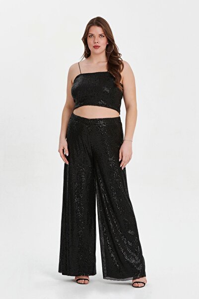 EVEN plus size Siyah Payetli Krop Pantolon Büyük Beden Abiye Takım