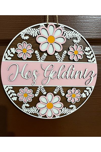 SepetDoluyor Ornament pentru ușă - Ornament pentru ușă de bun venit din lemn lucrat manual - Design decorativ colorat cu margarete (25x25 cm)