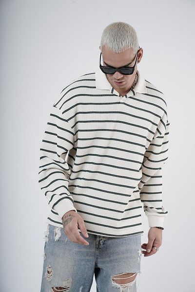 Butik Ανδρικό πλεκτό πουλόβερ TREND BIZ Polo γιακά ριγέ Oversize Fit