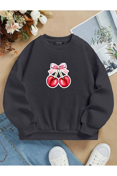 SOFTWAY Unisex Oversize Ribbon Cherry Printed Basic Sweatshirt – Smoked