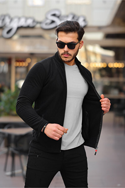 Kozik Erkek Siyah Polar Kışlık Kalın Tam Fermuar Pamuklu Kumaş Polar Ceket