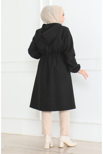 sefamerve Black Hooded Zippered Cashmere Coat - 0503-02