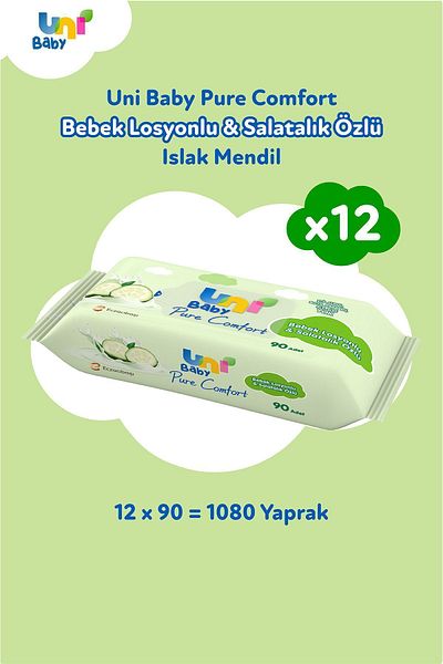 Uni Baby Pure Comfort 12 Pack Wet Wipes - Baby Lotion and Cucumber Extract, 1080 Sheets