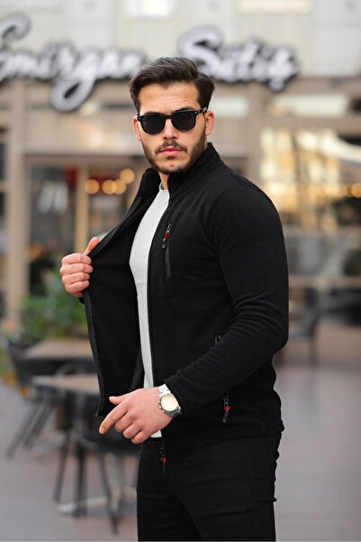 Kozik Erkek Siyah Polar Kışlık Kalın Tam Fermuar Pamuklu Kumaş Polar Ceket