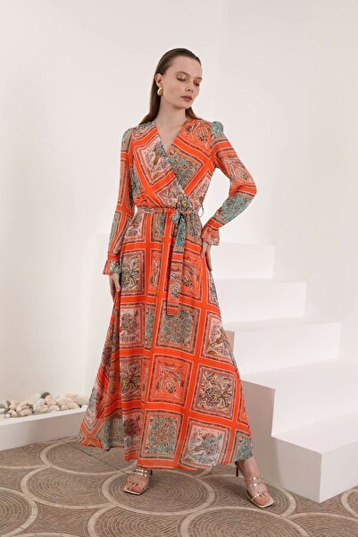 Genel Markalar Şifon Kumaş Pach Desen Anvelop Kadın Elbise-oranj