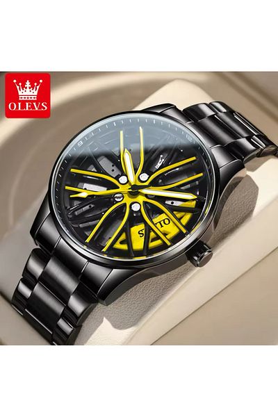 OLEVS Waterproof Stylish Rim Sports Car Model Rotating Men's Wristwatch Inner Dial Yellow Color