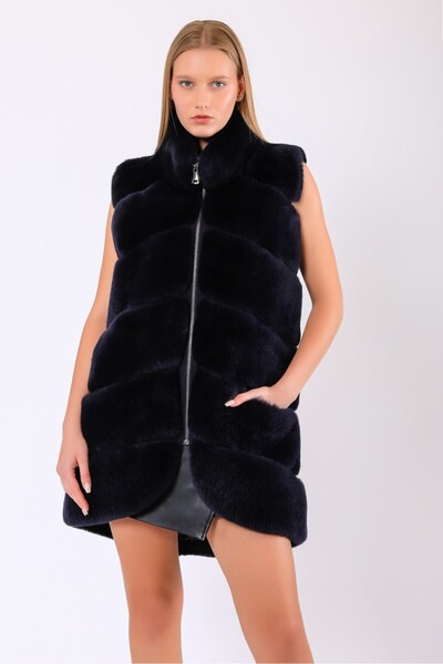 Leather Club Lacivert Valentina Kürk Yelek