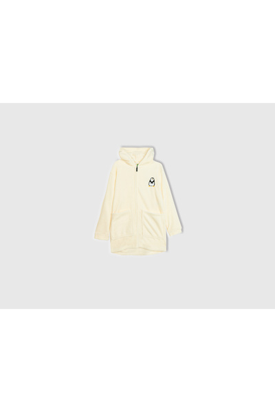 United Colors of Benetton Women's White Left Chest Printed Side Pockets Zippered Hooded Dressing Gown