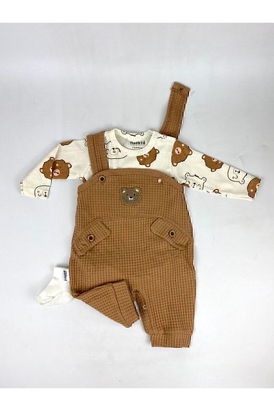 MYZİ STORE Baby Boy 3-Piece Romper Set - Teddy Bear Patterned Badi Bear Embroidered Green Salopet and Socks Set Cotton