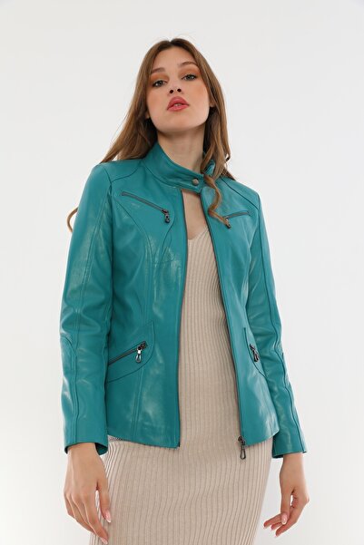 Basics&More سترة نسائية من الجلد الطبيعي باللون الفيروزي مزودة بسحاب - B16