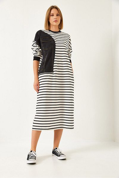 Bianco Lucci Women's Striped Single Pocket Denim Garnished Long Dress 8199 60351351