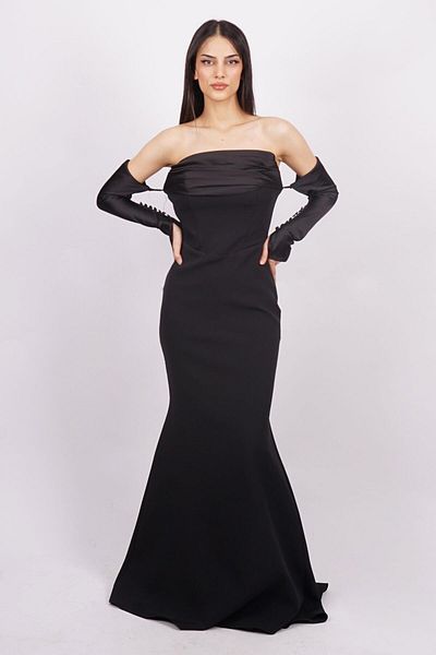 SpringStore Rochie de seara neagra fara bretele cu maneca lunga