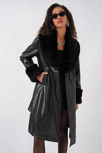 hazelin Women's Black Fur Collar Belted Faux Leather Coat Hzl25W-Bd 110451