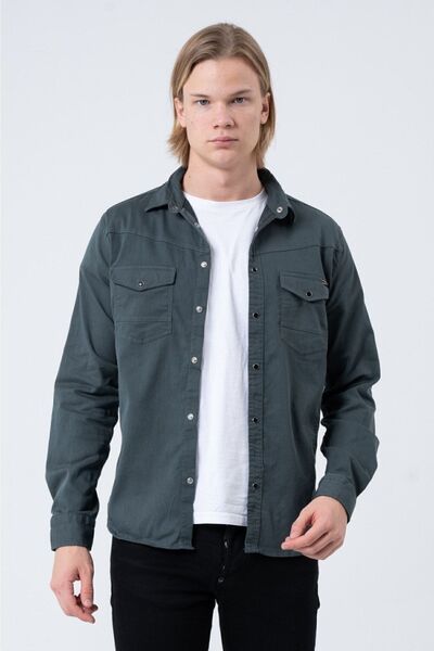 BAYEFENDİ Men's Green Slim Fit Lycra Gabardine Shirt with Pockets