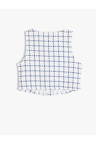 Koton Square Collar Plaid Print Sleeveless Crop Tweed Vest