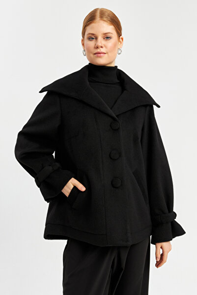 İnce Kuşak Kol detaylı Rahat Kesim Kısa Kaşe Kaban