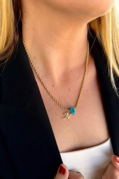 Trendy Butik N Harfli Kolye Altın Renk Burgu Zincirli Murano Cam Boncuklu Kiş...