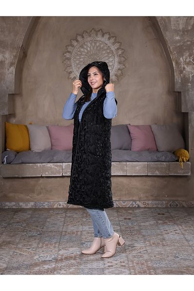 Fazilet Aslan Women's Hooded Zippered Shiny Fabric Pocket Stone Puffer Vest