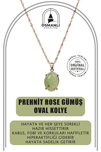 OSMANLI DOĞAL TAŞ Prehnit Doğal Taş Rose Gümüş Oval Kolye