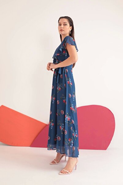Genel Markalar Şifon Kumaş Nakış Desenli Allerli Kadın Elbise-indigo