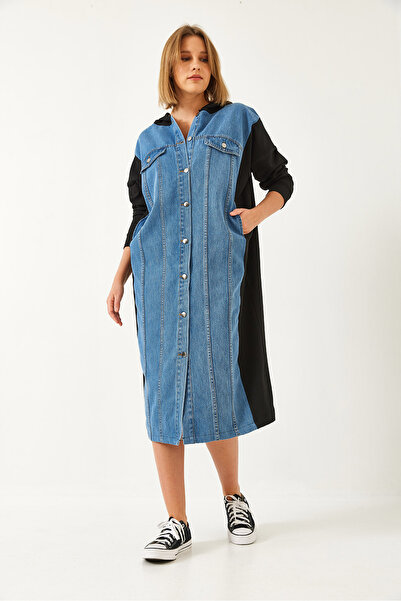 Bianco Lucci Γυναικείο μακρύ τζιν φόρεμα με κουκούλα 8088 60351353