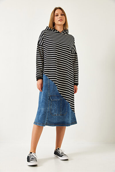 Bianco Lucci Kadın Kapişonlu Çizgili Etek Ucu Denim Detaylı Elbise 8047 60351352