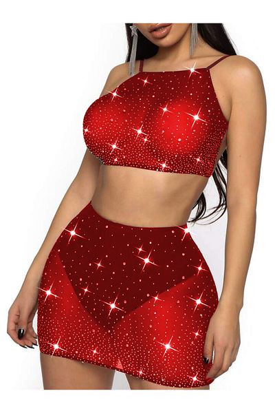 my cherie Fusta cu sclipici Bustier String Set de 3 piese Snur subțire Detaliat fără spate