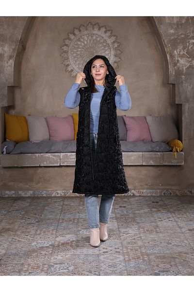 Fazilet Aslan Women's Hooded Zippered Shiny Fabric Pocket Stone Puffer Vest