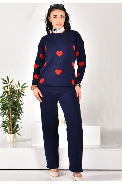 BUUFUU Knitwear Long Sleeve Süzene Heart Embroidered Top and Bottom Set