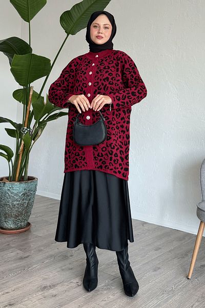 InStyle Leopard Pattern Buttoned Red Cardigan