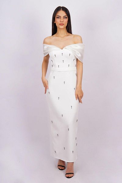 SpringStore Rochie de seara fara bretele cu detaliu din piatra alba