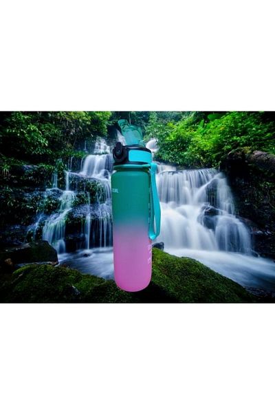 Dükkanönü Pink Green Lockable Leak Proof Lid Flask with Straw and Motivational Lettering Flask 1 Liter