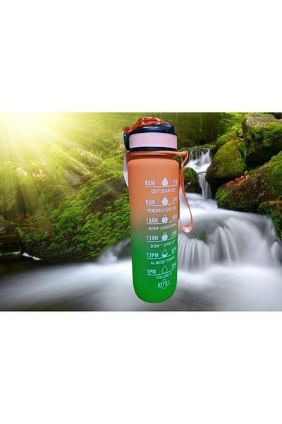 Dükkanönü Green-Orange Lockable Leak Proof Lid Flask with Straw and Motivational Lettering Flask 1 Liter