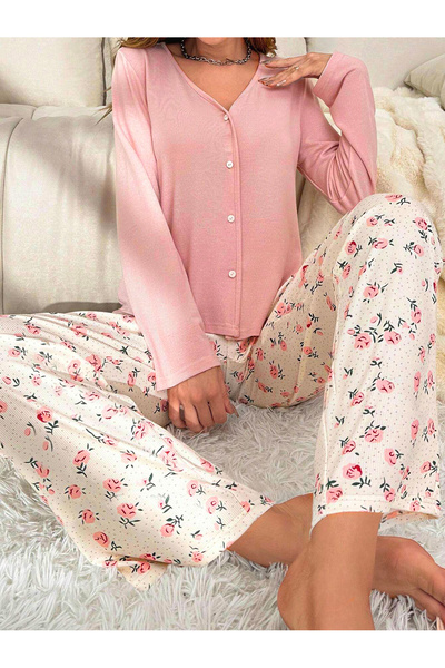 BELLA NOTTE V Yaka Pamuklu Uzun Kollu Pijama Takımı