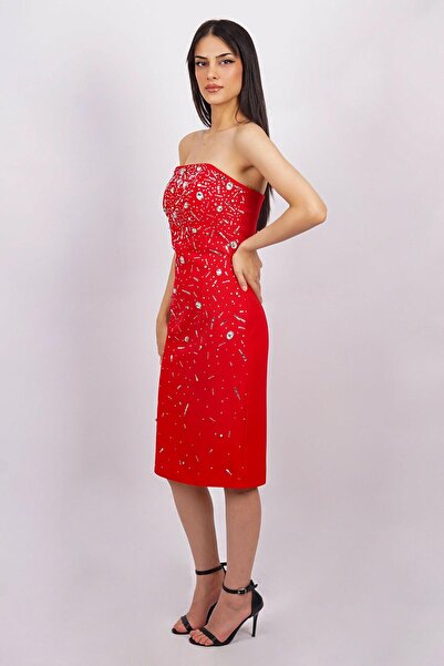 SpringStore Kırmızı Straplez Taşlı Kısa Abiye Elbise