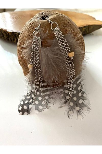 canan dizayn Bohemian Polka Dot Feather Chain Earrings - Black