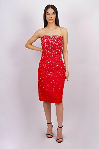 SpringStore Kırmızı Straplez Taşlı Kısa Abiye Elbise