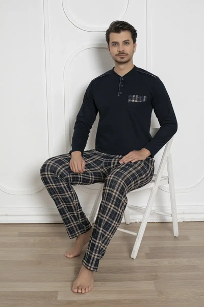 ALİMER Ekoseli Erkek Pijama Takımı - Lacivert Kışlık Likralı İnterlok 1211UKL
