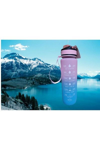 Dükkanönü Blue-Pink Lockable Leak Proof Lid Flask with Straw and Motivational Lettering Flask 1 Liter