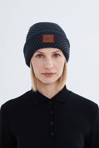 Nordbron Women's Navy Blue Soft Patterned Beret Textured Stretchy Double Fold Winter Logo Basic Knitwear Ruqy