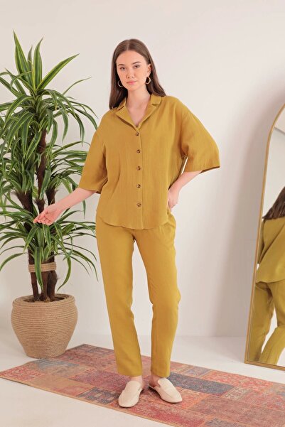 Genel Markalar Müslin Kumaş Rahat Kalıp Lastikli Kadın Pantolon-yağ Yeşili