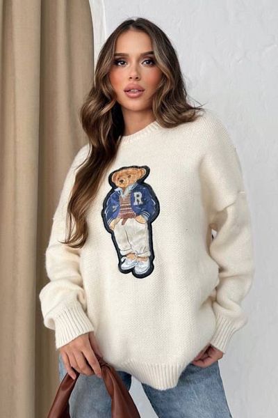 Ded COLLECTION Pulover de damă, cu croială relaxată, cu decolteu rotund, cu textura moale, cu ursuleț