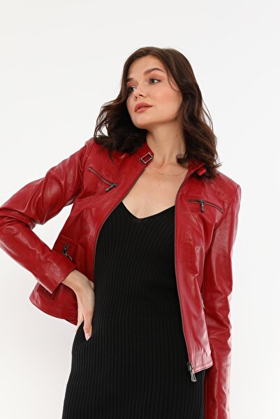 Basics&More Women's Genuine Leather Red Jacket-B2327