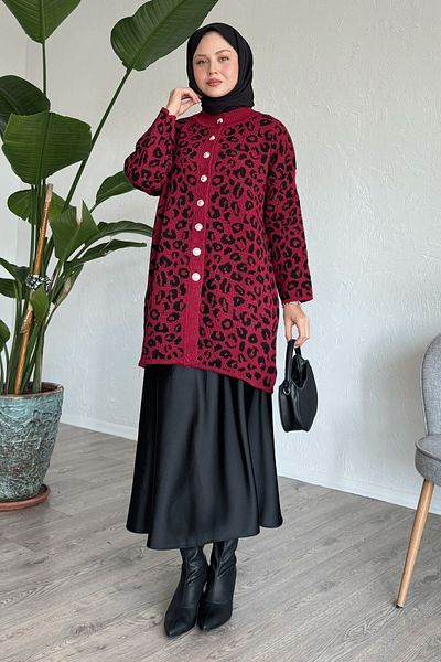 InStyle Leopard Pattern Buttoned Red Cardigan