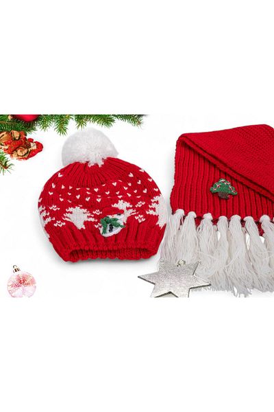 Eke Tekstil 6-12 Years Old Children's Snowman Red Scarf and Beanie Set