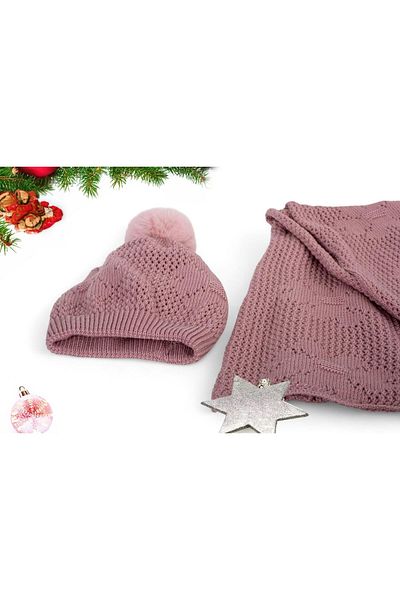 Eke Tekstil Dusty Rose Plain Pompom Patterned Women's Scarf and Beanie Set