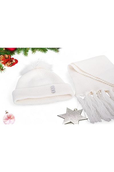Eke Tekstil White Plain Pompom Tasseled 1-8 Years Old Girls' Scarf and Beanie Set