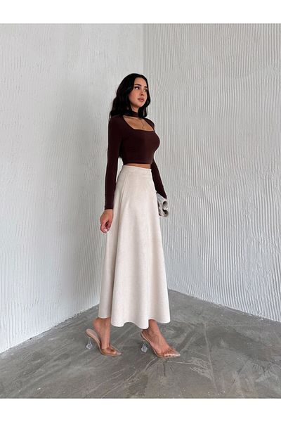 Ozy Fashion Γυναικεία Suede Cream Χρώμα Flared Φούστα