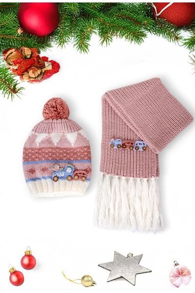 Eke Tekstil 9-15 Years Dusty Rose Pompom Beret and Car Embroidered Tassel Scarf Set